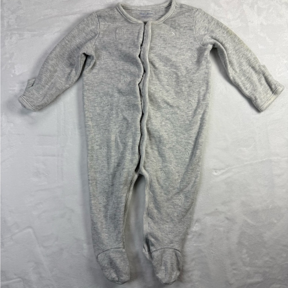 Ralph Lauren Gray Footed One Piece with Embroidered Polo Logos- sz‎ 6M Neutral